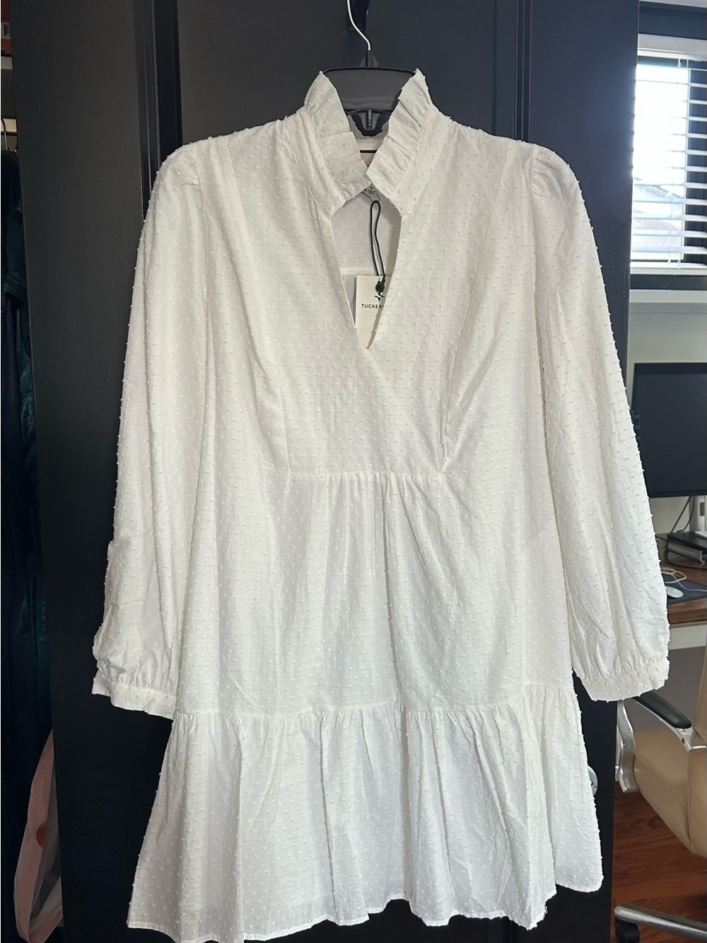 Tuckernuck White Textured Long-Sleeve Tiered Dress, Size S, never worn